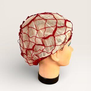 Antique 1920s Victorian Boudoir Bed Cap Ribbon Lace Red